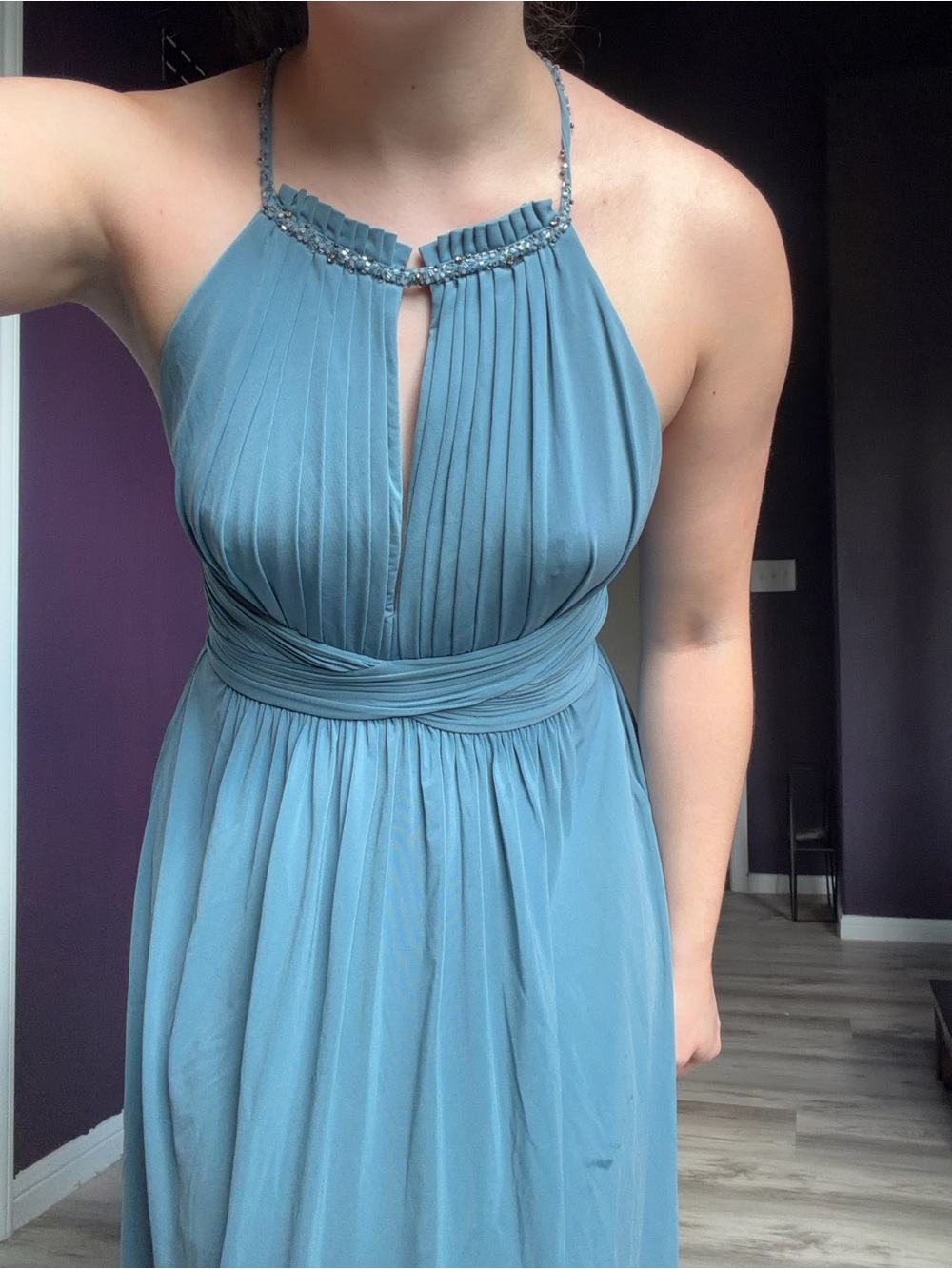 BCBGMaxAzria Sky Blue Halter Pleated Maxi Gown - Picture 3 of 8